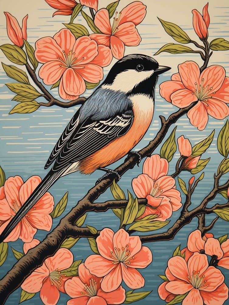 Vintage Bird Linocut Carolina Chickadee 1