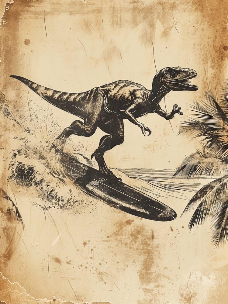 Vintage Microraptor Dinosaur On A Surf Board 2