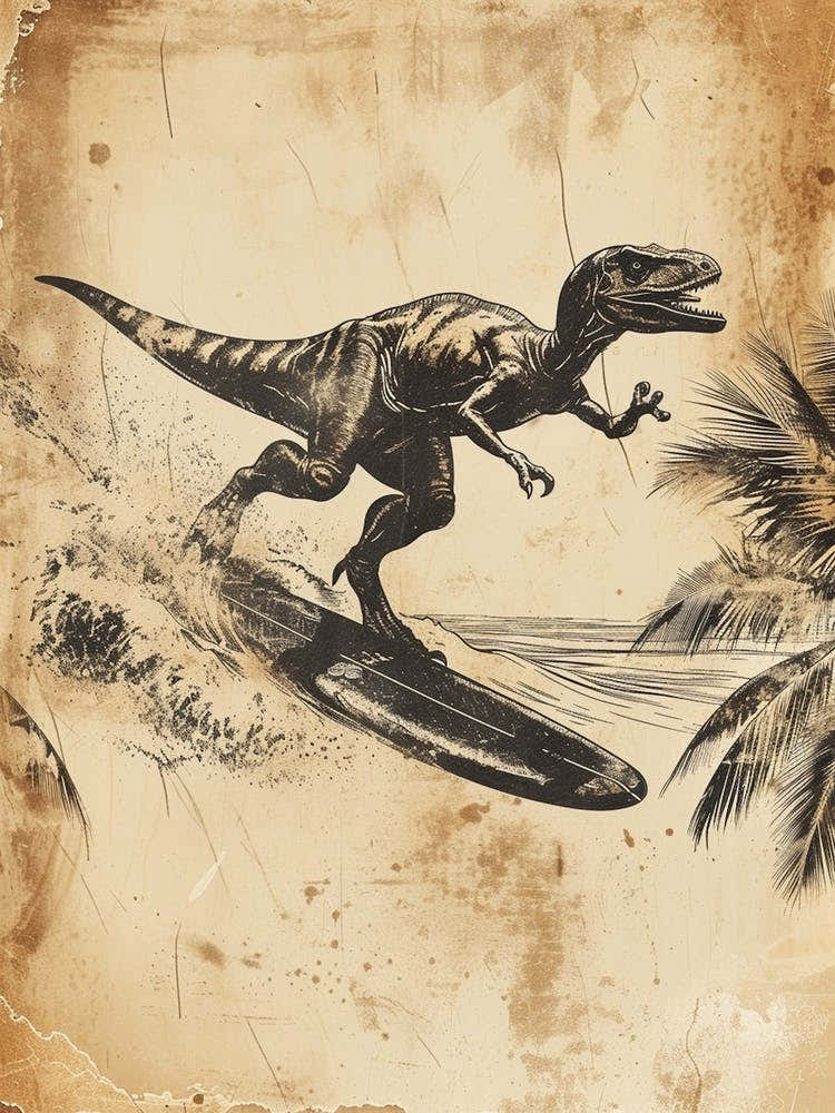 Vintage Microraptor Dinosaur On A Surf Board 2