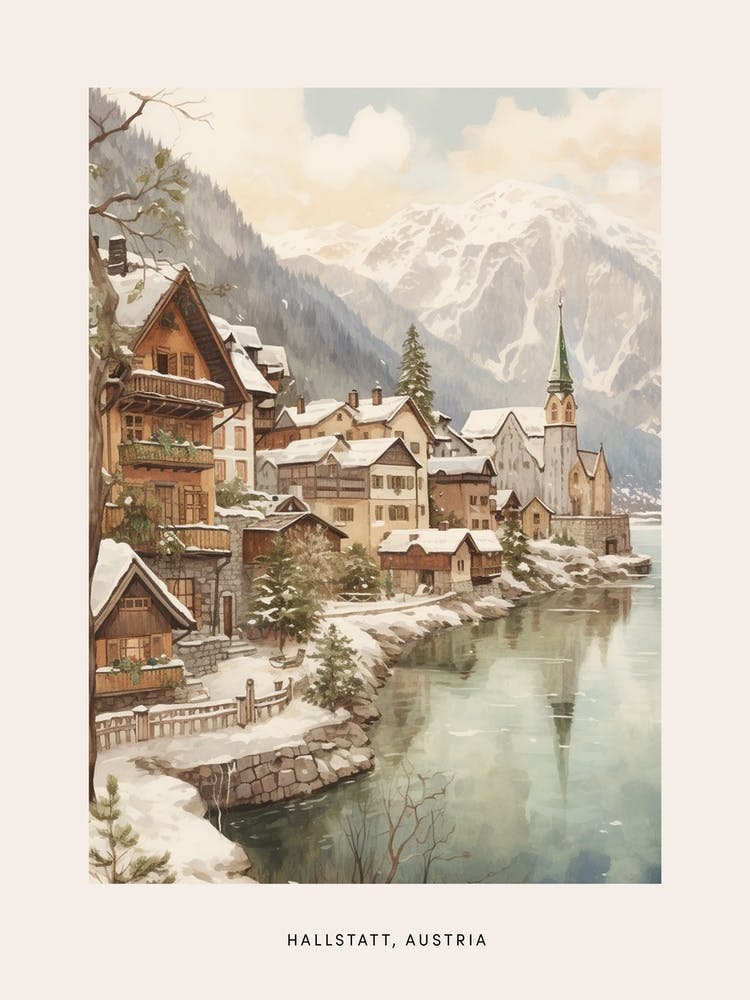 Vintage Winter Poster Hallstatt Österreich 4