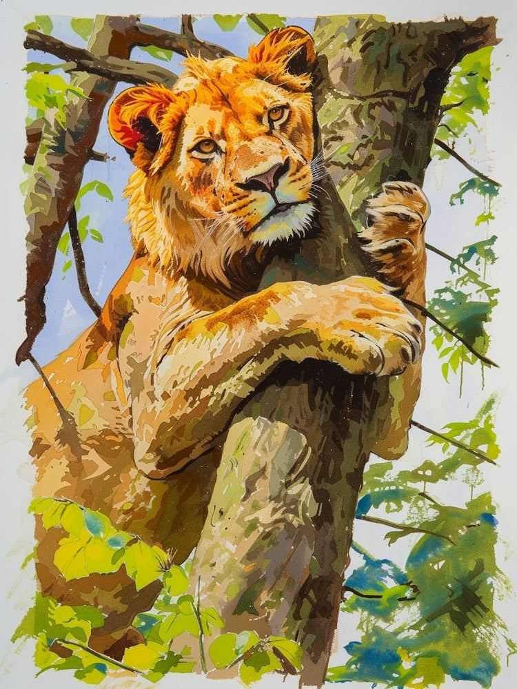 Asiatic Lion Climbing A Tree Fauvist Painting 1