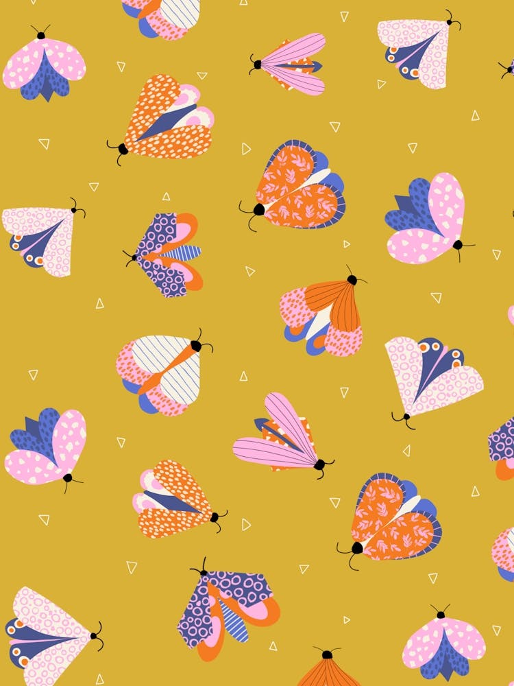 Scattered Colorful Moths and Little Triangles Multicolor on Ochre Yellow