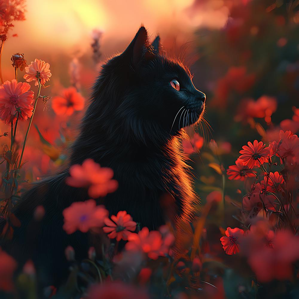 Black Cat in a Floral Sunset Garden 3