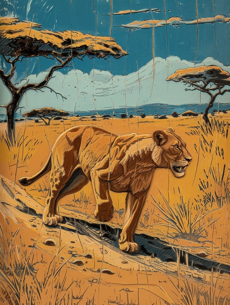 African Lion Relief Illustration Hunting 3
