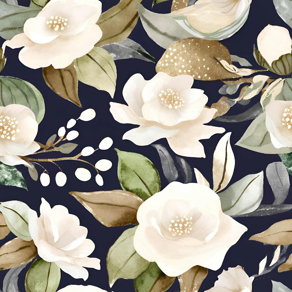Botanical Wall Art Flowers White Camelias Deep Space Blue Background #1