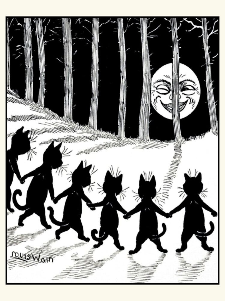 The Wink by Louis Wain - Famous Vintage Black Cats Dancing by The Smiling Full Moon - Retro Kitties Dance in the Moonlit Forest - Witchy Pagan Fairytale Magic Black and White Monochrome