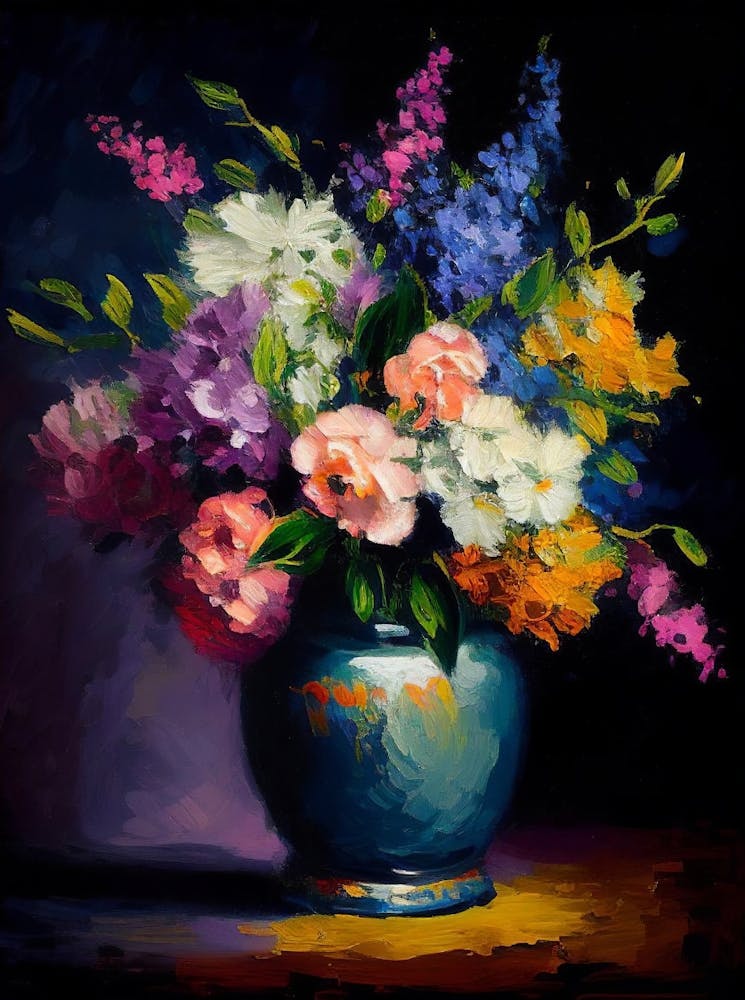 Stimmungsvolle Blumenkunst, Zeitlose Vintage Barocke Stimmungsvolle Blumen in Fliesen-Vase Stillleben Ölgemälde, Einweihungsgeschenk für das erste Zuhause