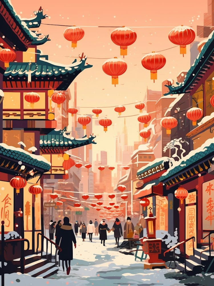 Vintage Winter Travel Illustration Beijing China 3