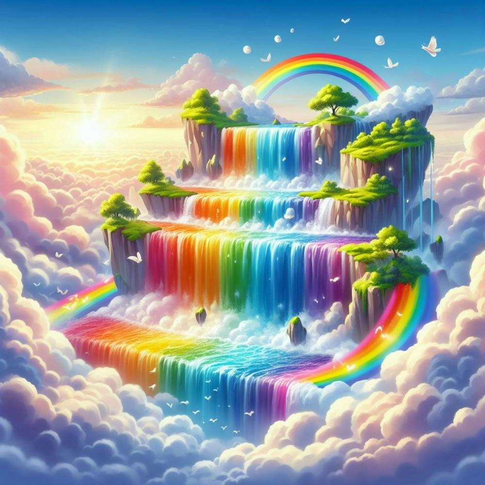 A Cascading Waterfall That Flows In All Colors Of The Rainbow, Surrounded By Clouds And Floating Islands