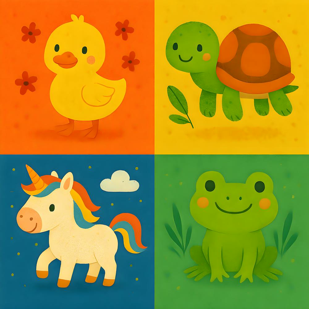 Colorful Animal Nursery Prints – Duck, Turtle, Unicorn & Frog – Vibrant Kids Room Decor, Playful Baby Shower Gift, Cute Wall Art