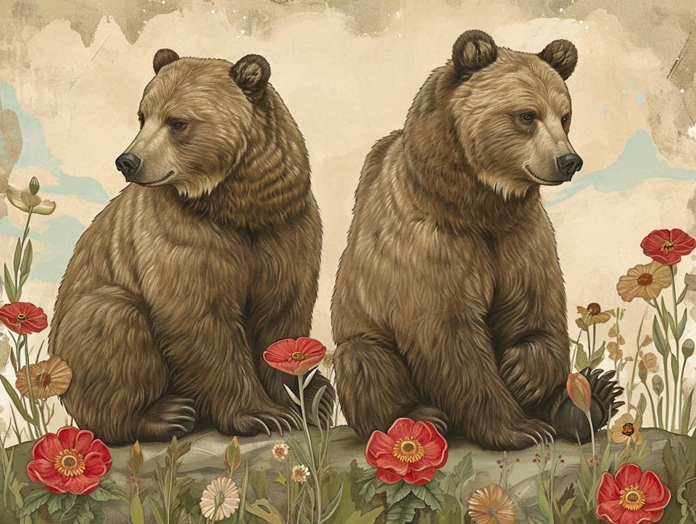 Floral Animal Illustration Grizzly Bear 2