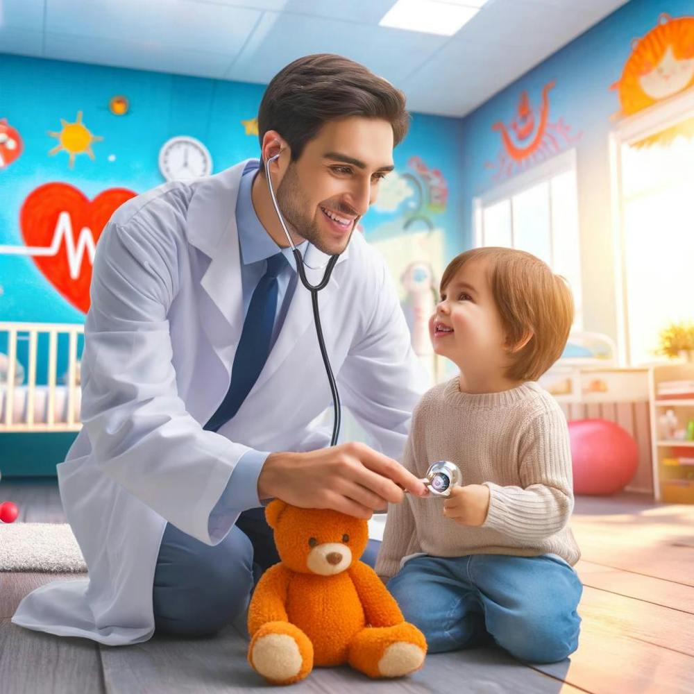 Pediatric Care Wall Print Art A Joyful And Comforting Scene That Captures The Caring Bond Between Doctors And Young Patients, Perfect For Brightening Any Hospital Setting