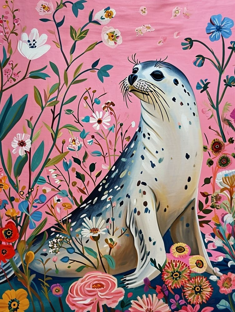 Floral Animal Painting Harp Seal 2