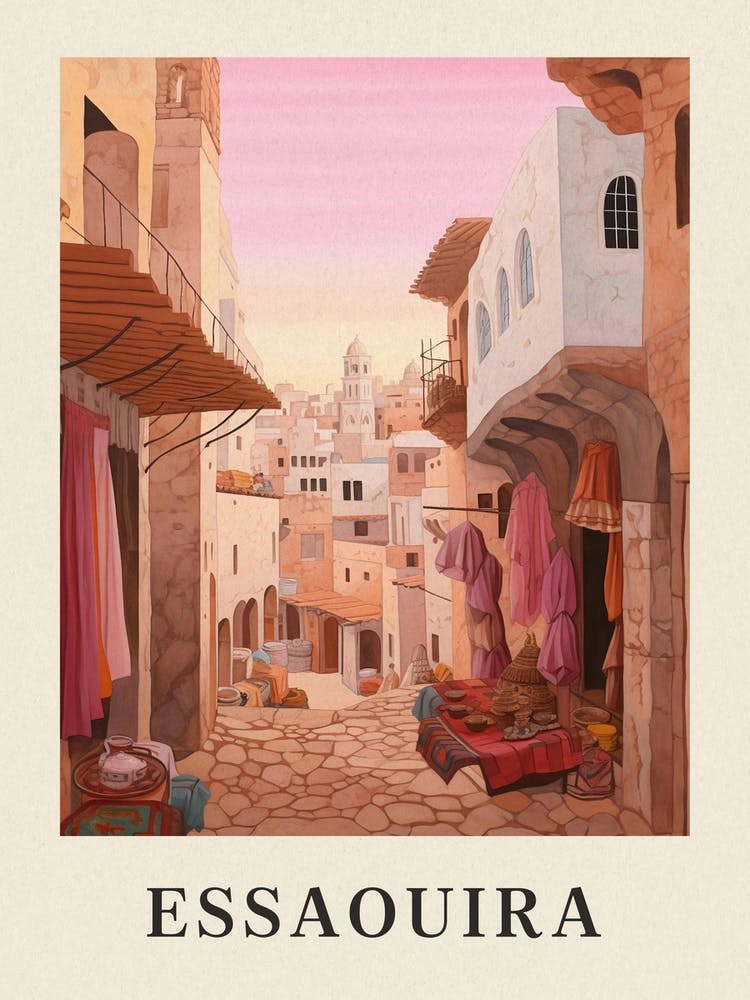 Essaouira Morocco 4 Vintage Pink Travel Illustration Poster
