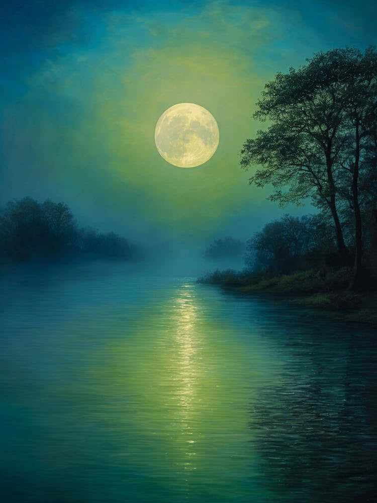 Mystical Full Moon Over Water Oil Painting | Witchy Wall Decor | Magical Enchanting Halloween Lunar