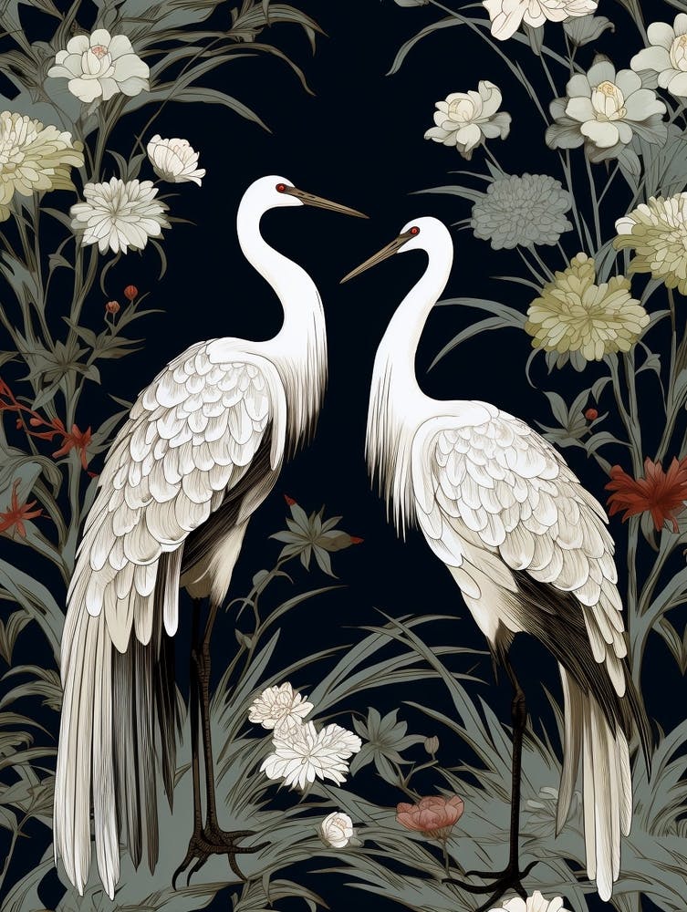 Black And White Cranes 6 Botanique Japonaise Vintage