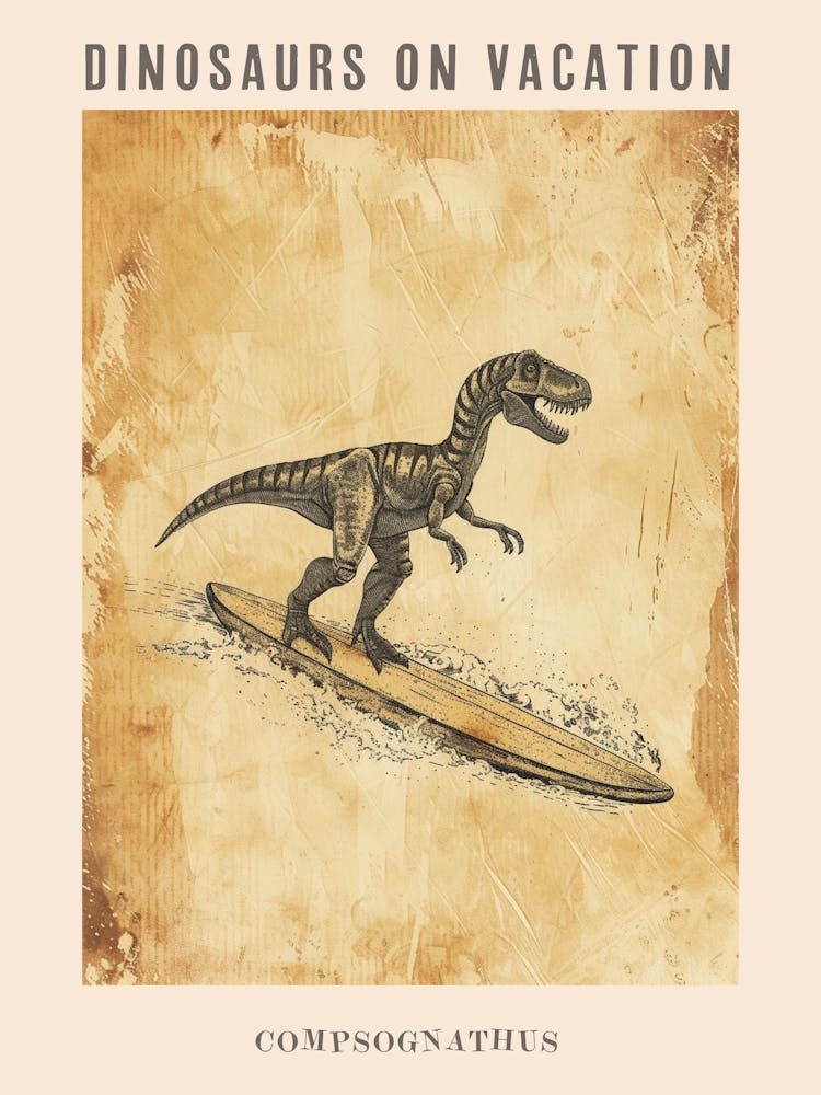 Vintage Compsognathus Dinosaur On A Surf Board 1 Poster