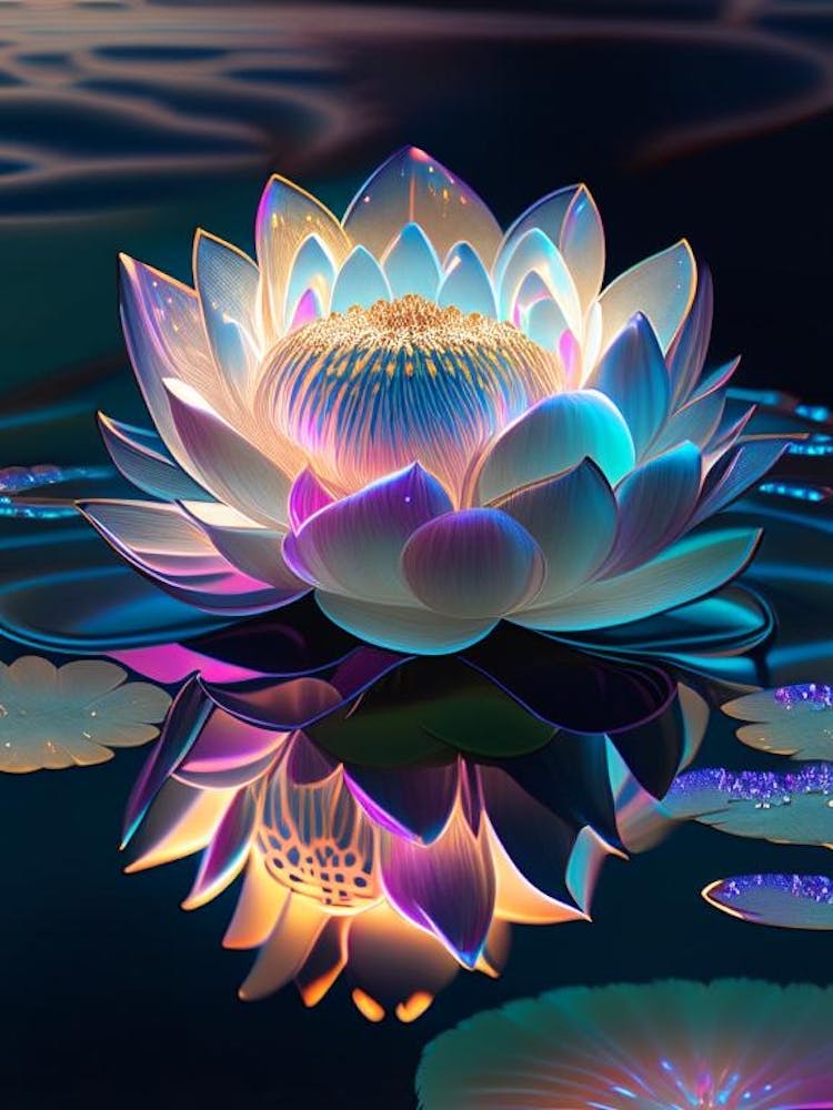 Blooming Lotus Flower In Lake Holographic 3