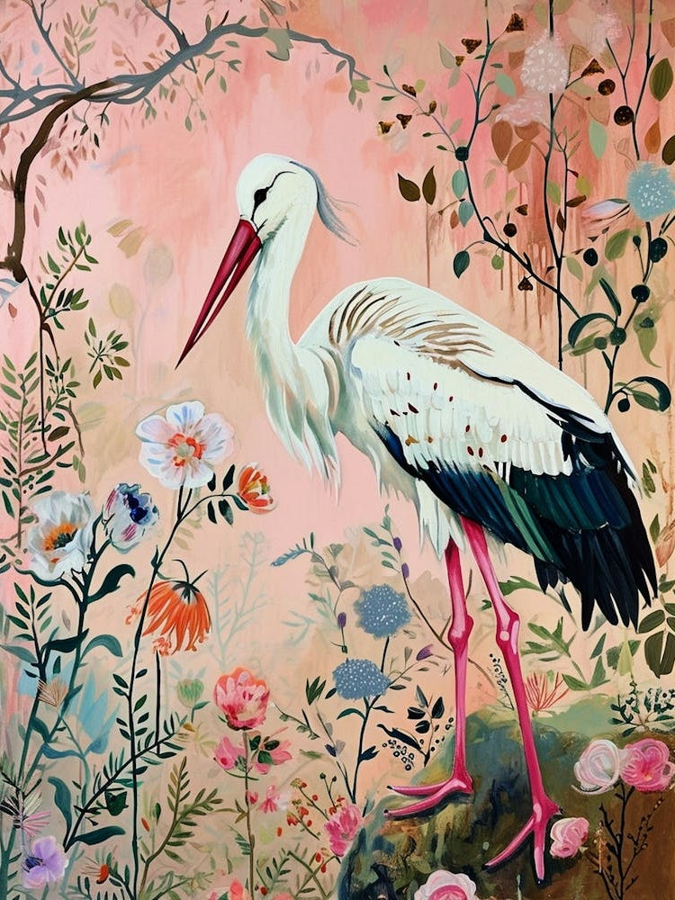 Floral Animal Painting Stork 2