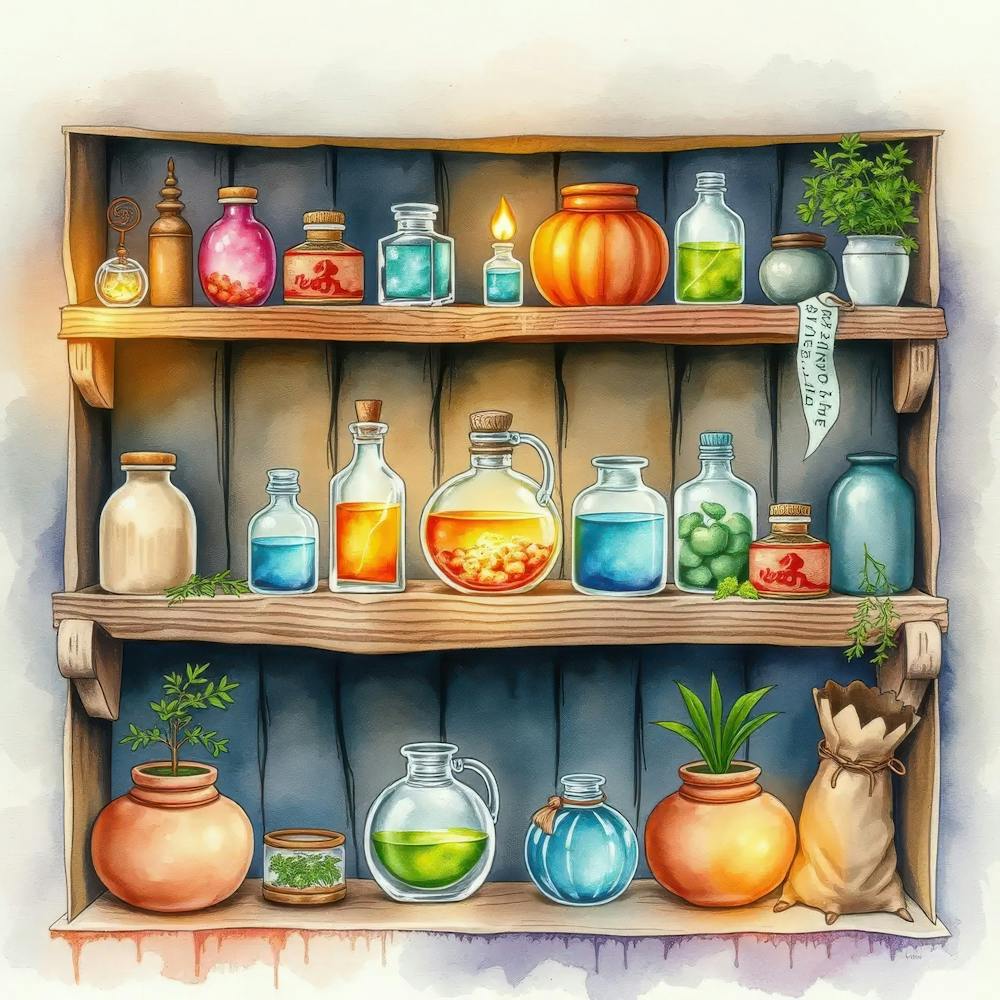 Watercolor Shelf With Bottles And Pots