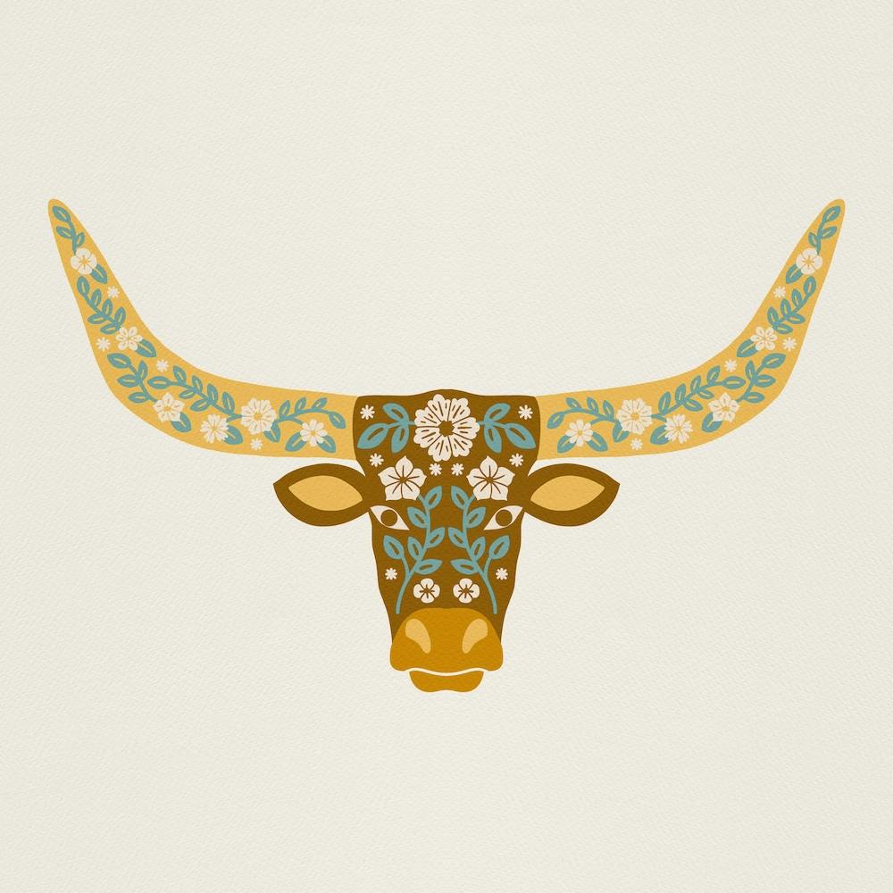Floral Longhorn   Yellow And Blue Square