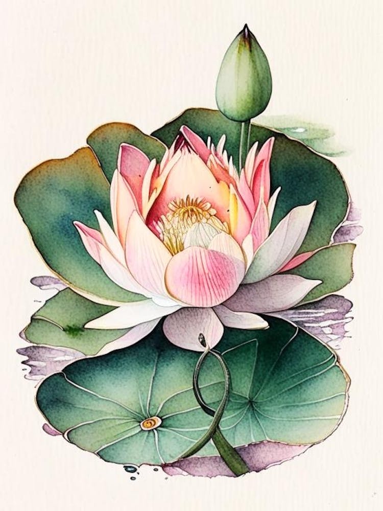 Blooming Lotus Flower In Lake Watercolour Ink Pencil 1