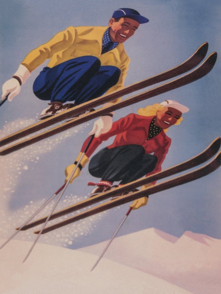 Two Skiers In The Air Vintage Ski Poster