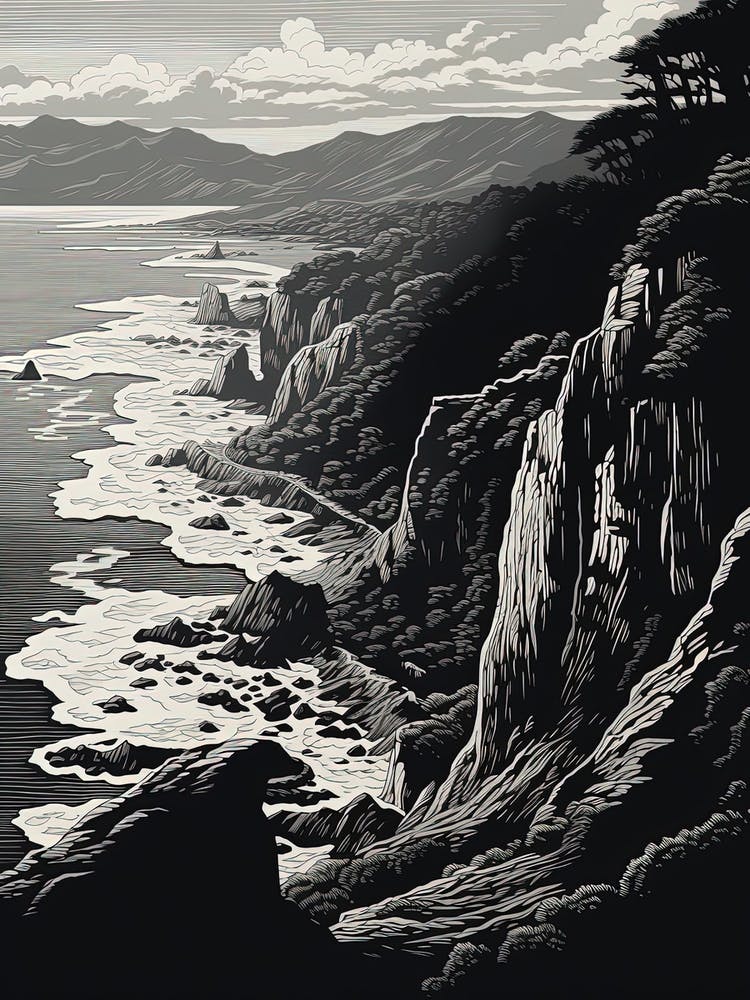 Tojinbo Cliffs In Fukui, Ukiyo E Schwarz-Weiß-Strichzeichnung 1