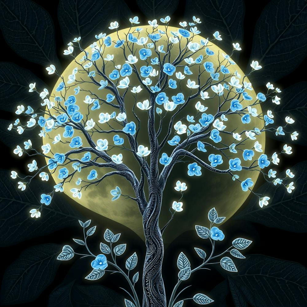 Moon Tree With Blue Flowers 2