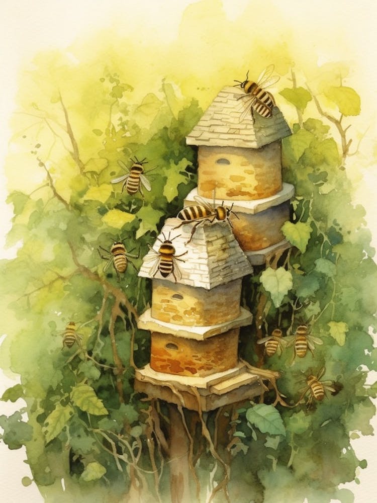 Beehives Bee Bee Beehive Watercolour Illustration 2