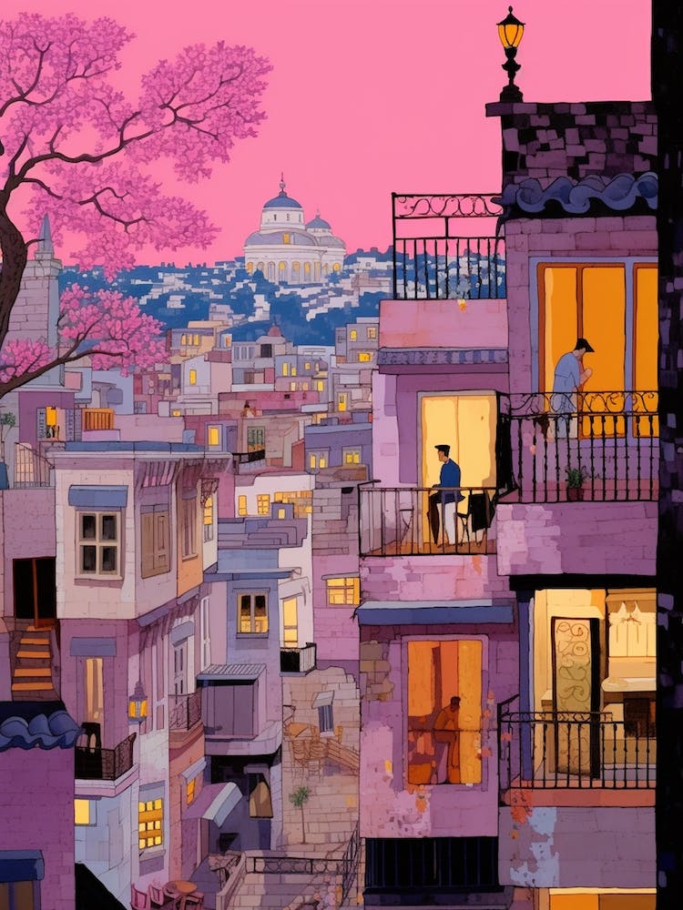 Istanbul Türkei 1 Vintage Rosa Reiseillustration
