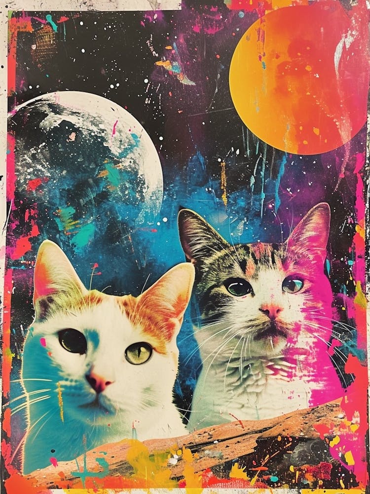 Retro Space Cat Collage Inspired