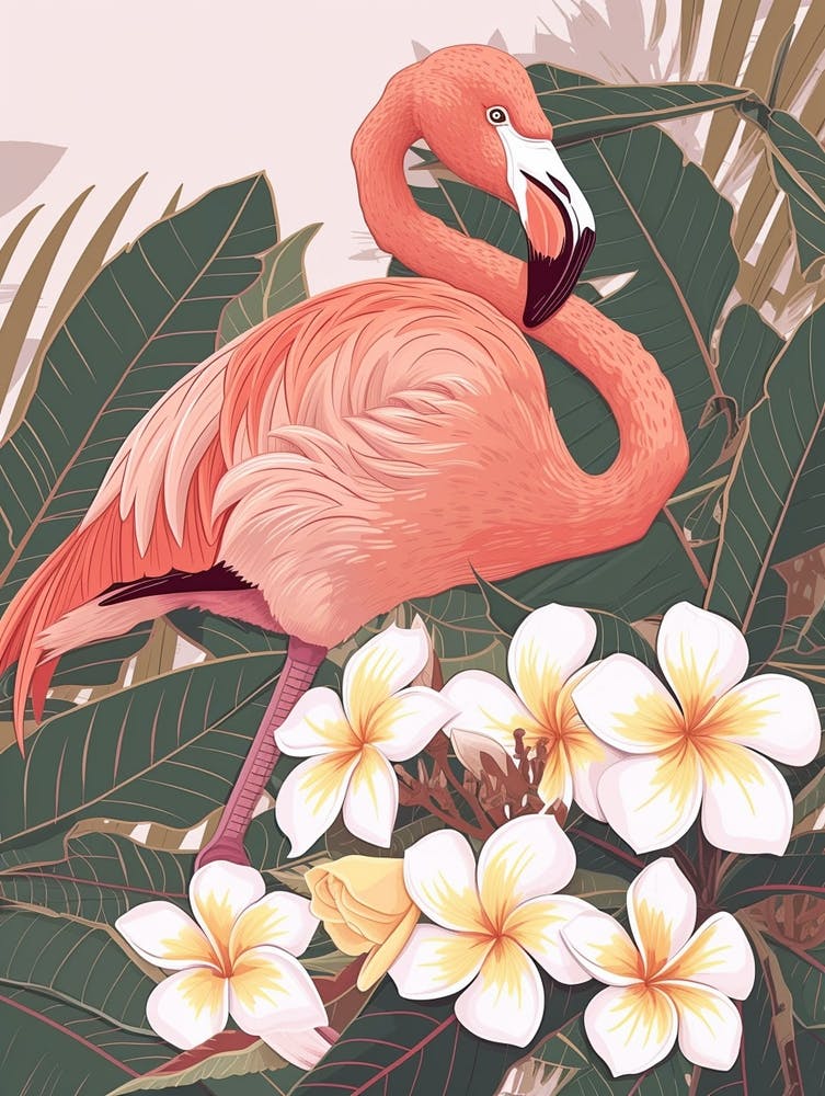 American Flamingo And Plumeria Minimalist Illustration 2