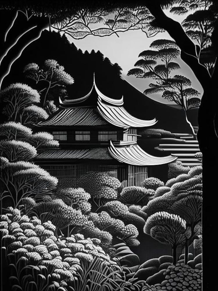 Adachi Museum Of Art 1 Japan Linocut Black And White Vintage