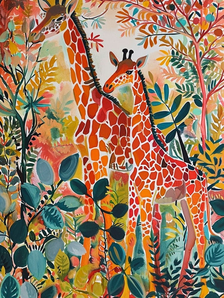 Giraffes In The Leaves Watercolour Style 3