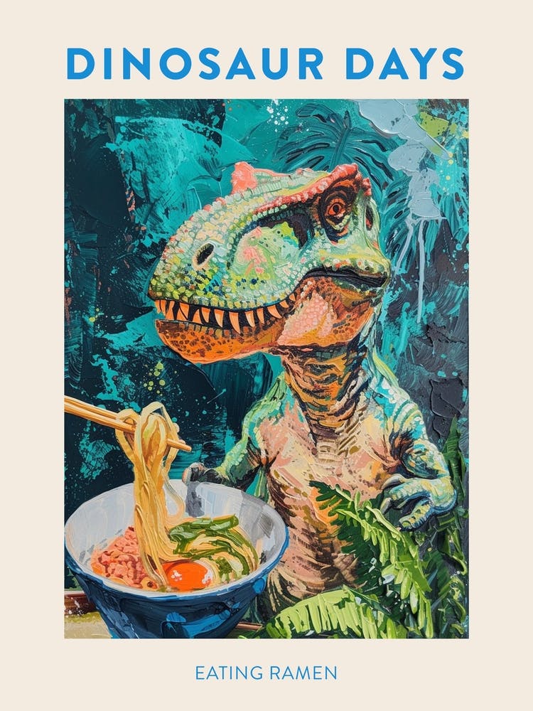 Dinosaur Eating Ramen Blue Green Poster 2