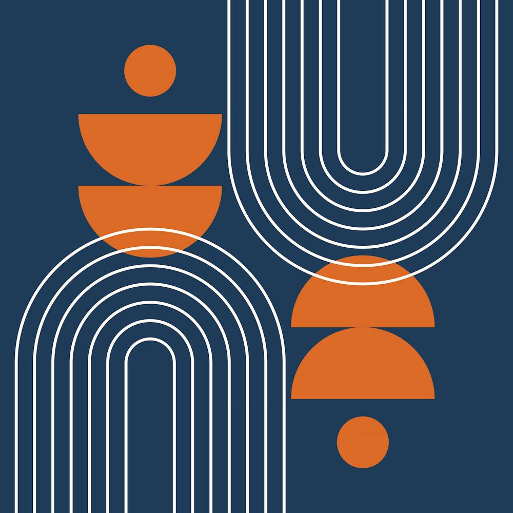 Modern Mid Century Sun, Moon Phases and Rainbow Abstract 28 in Navy Blue and Burnt Orange