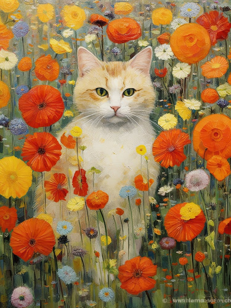 Flower Garden And A White Cat, Inspired By Klimt 3