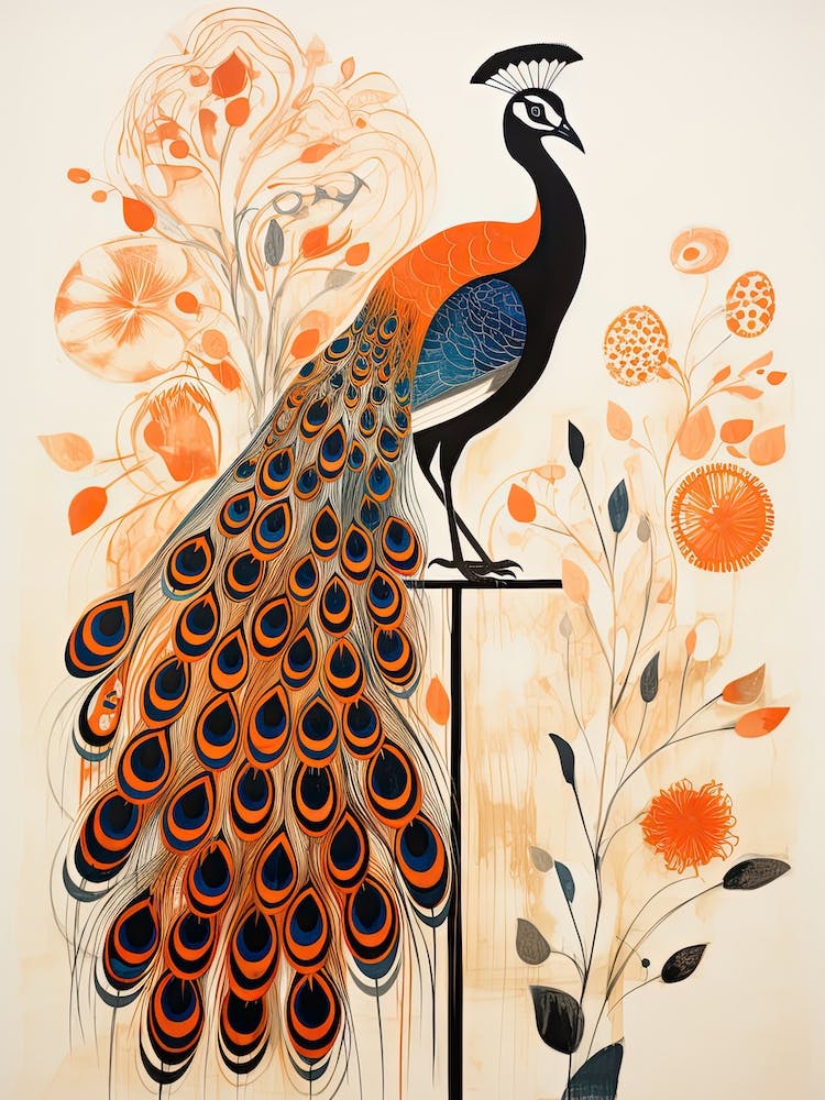 Peacock, Woodblock Animal Drawing 4