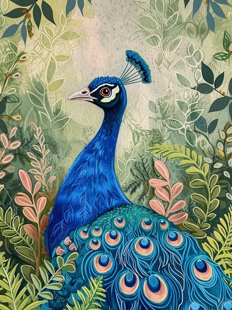 Folky Floral Peacock With The Winding Leaves 1