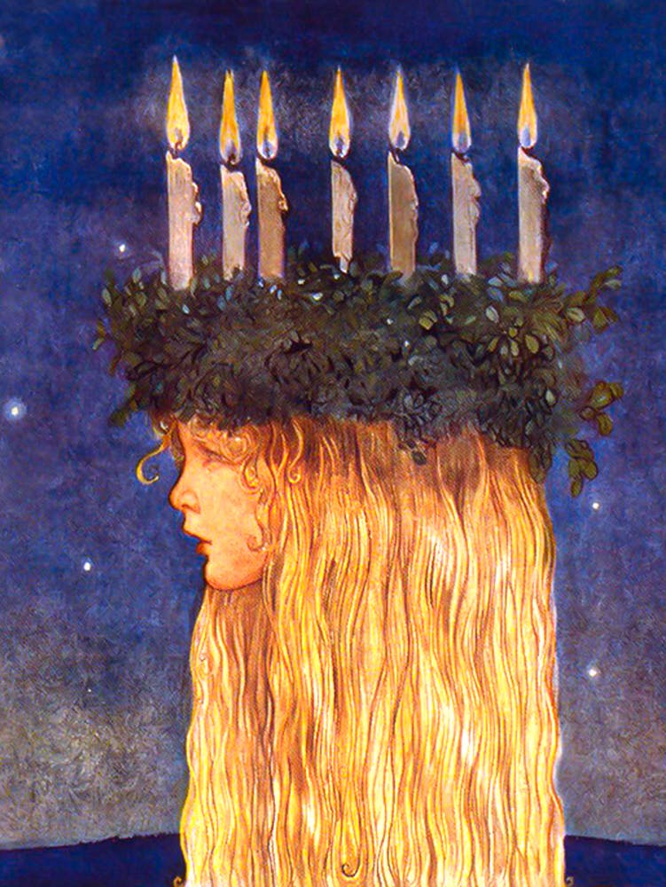 Lucia by John Bauer 1913 Scandinavian Swedish Winter Solstice Artwork Girl With Candles December Christmas Beautiful HD Remastered Vibrant