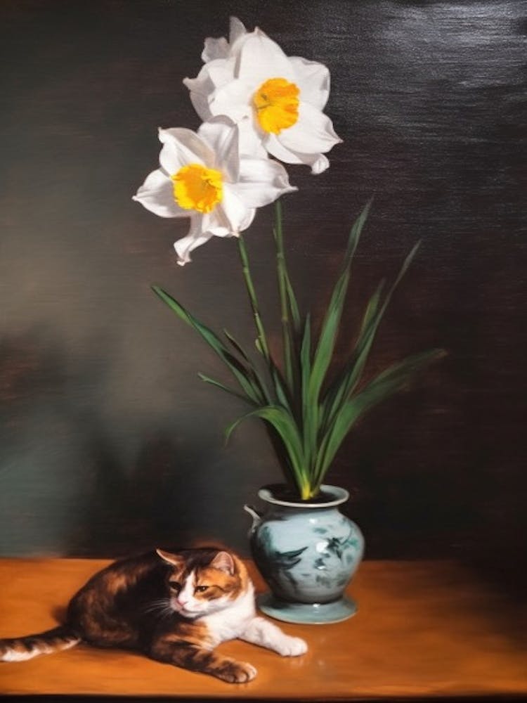 Painting Of A Still Life Of A Daffodils With A Cat, Realism 2