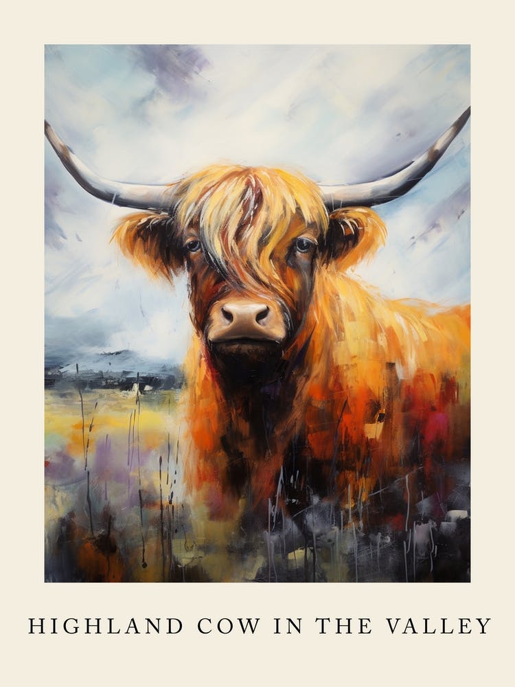 Impressionism Style Painting Of Highland Cow In The Valley 2