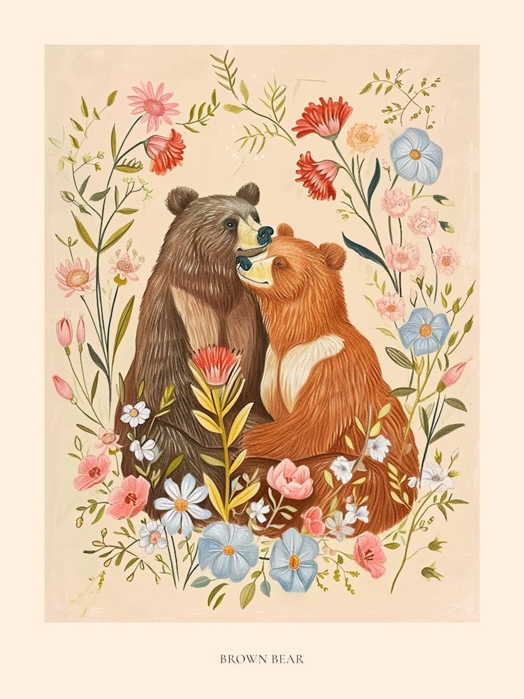 Folksy Floral Animal Drawing Brown Bear 5 Poster