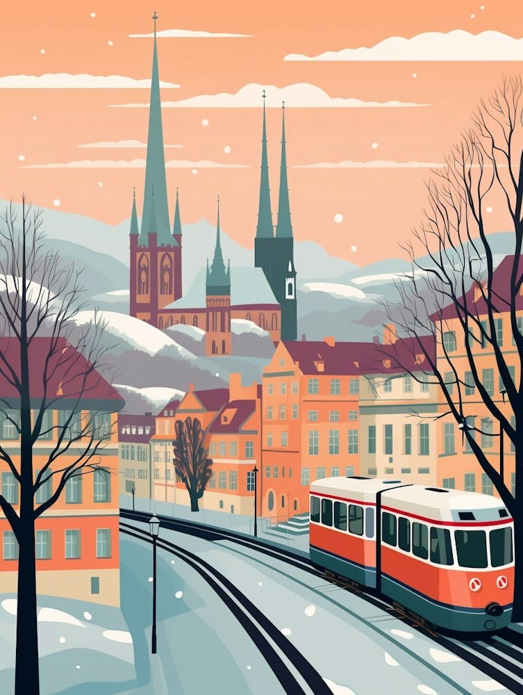 Vintage Winter Travel Illustration Zurich Switzerland 4