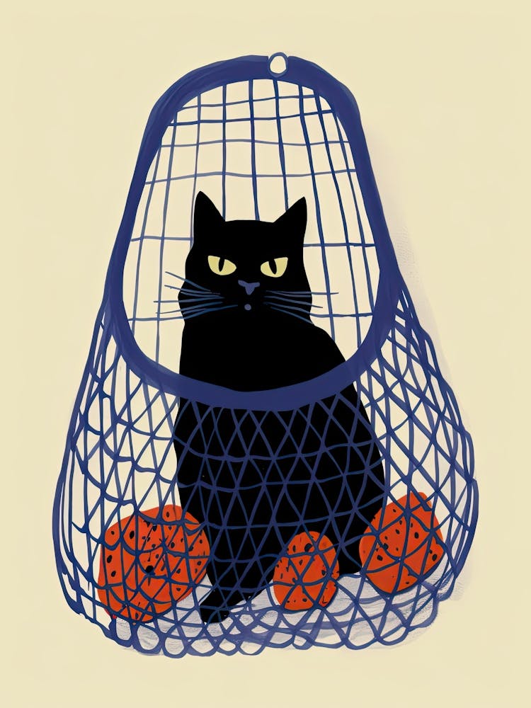 Black Cat In A Blue Bag With Oranges