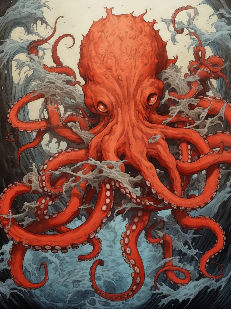 Octopus Animal Drawing In The Style Of Ukiyo E 3