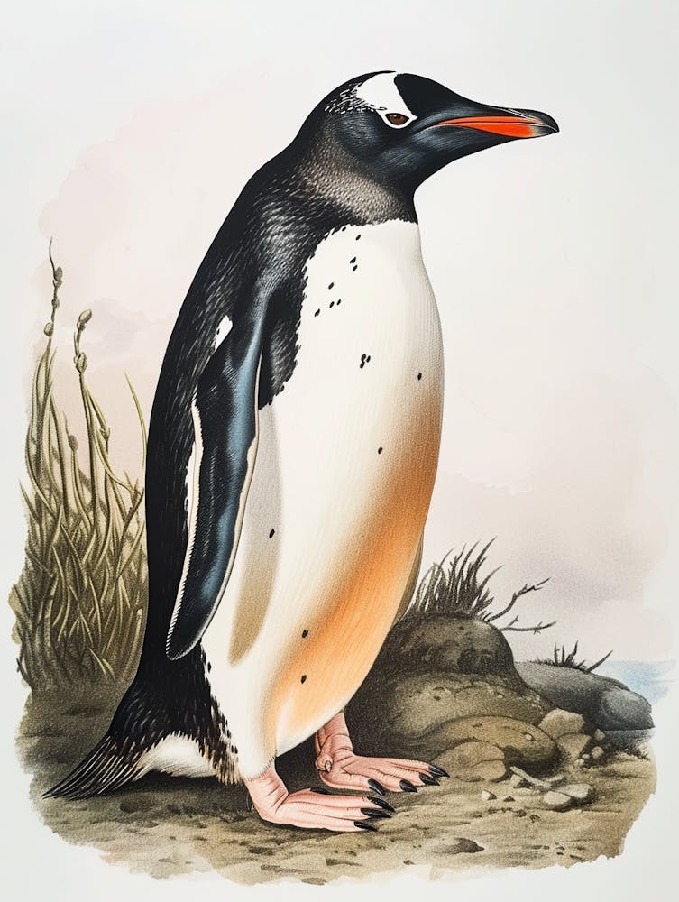 Adlie Penguin Livingston Island Vintage Botanical Painting 1