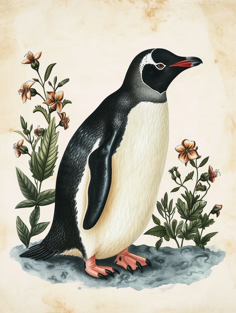 Adlie Penguin Floreana Island Vintage Botanical Painting 2