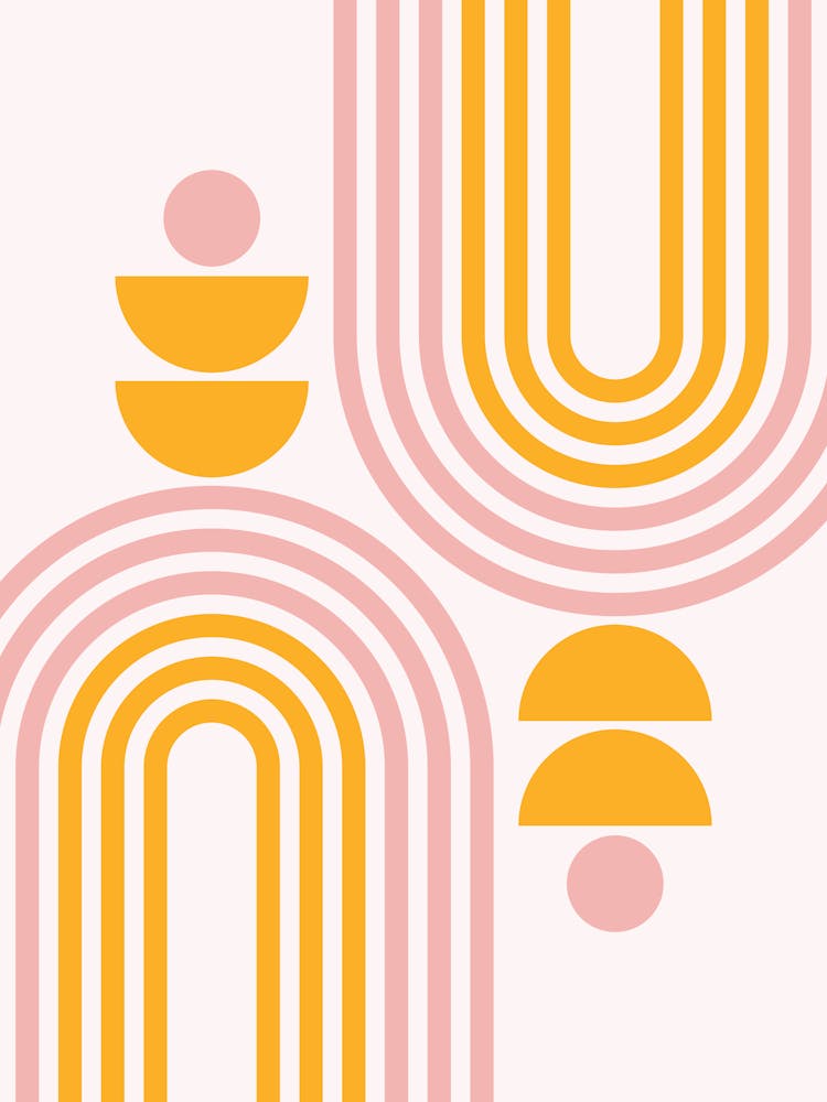 Midcentury Modern Geometric Arch Sun Abstract 6 In Pale Pink Mustard Yellow 01